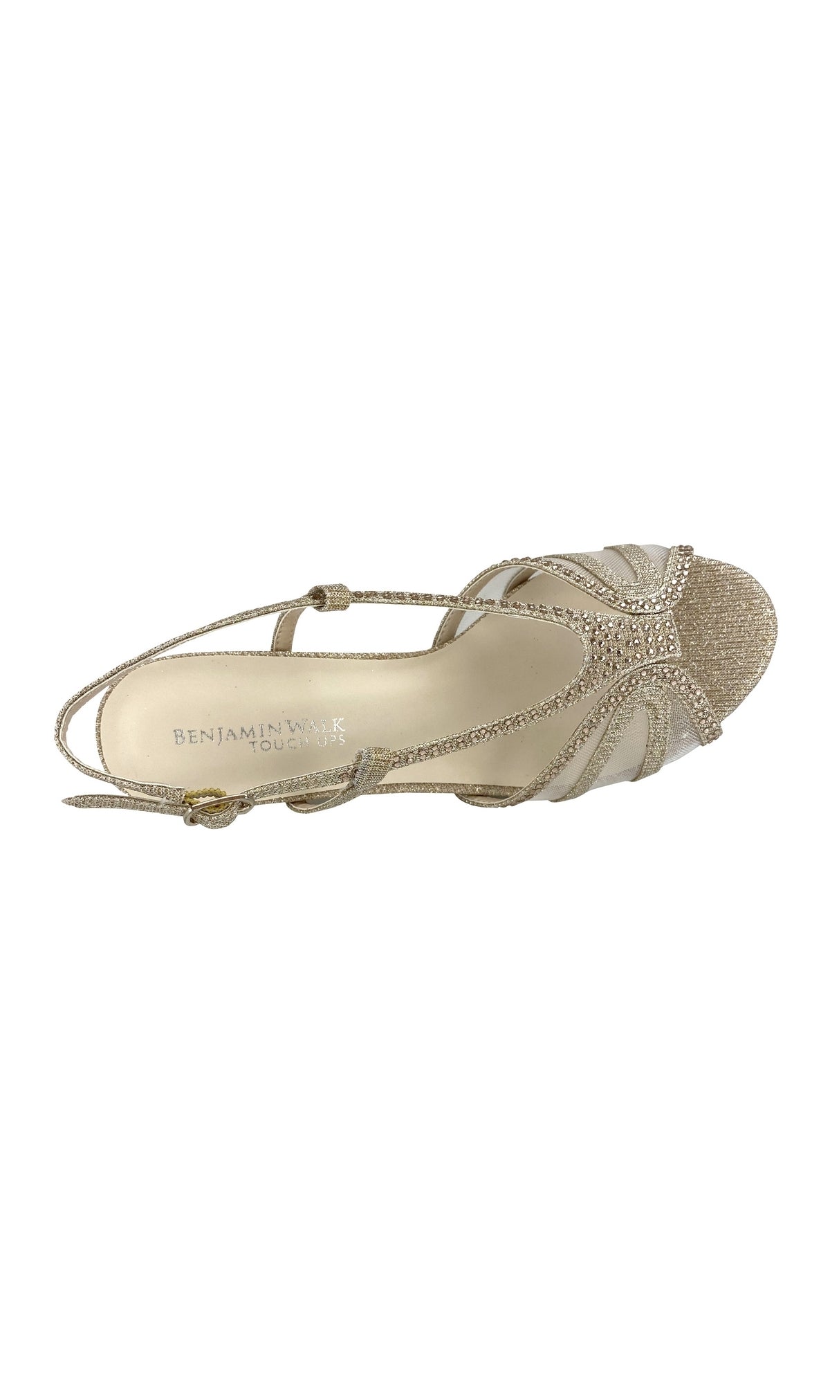 The Clara Champagne 1.75in Heel Prom Shoes 4487 by Touch Ups feature a gold open toe, rhinestone embellishments, ankle strap,